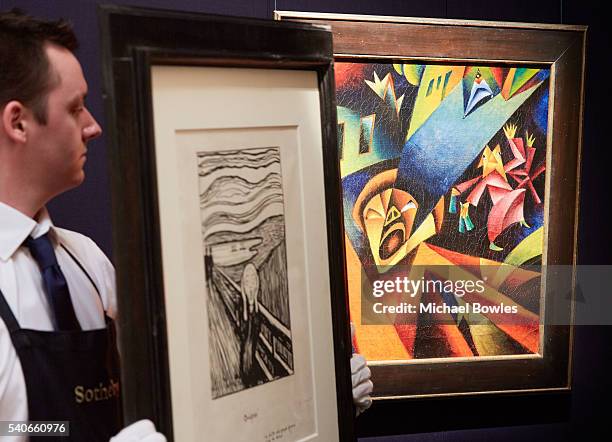 Existentialist masterworks by Edvard Munch and Georg Sholz unveiled at Sotheby's on June 16, 2016 in London, England. Edvard Munch's monumental and...