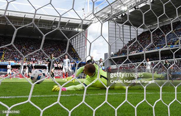 Joe Hart of England fails to stop the shot by Gareth Bale of Wales allowing the first goal during the UEFA EURO 2016 Group B match between England...