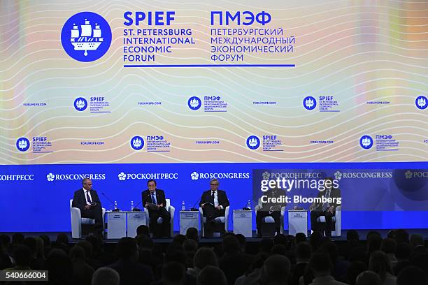 Left to right, Thorold Barker, editor at the Wall Street Journal, Ban Ki-Moon, secretary-general of the United Nations , Jean-Claude Juncker,...