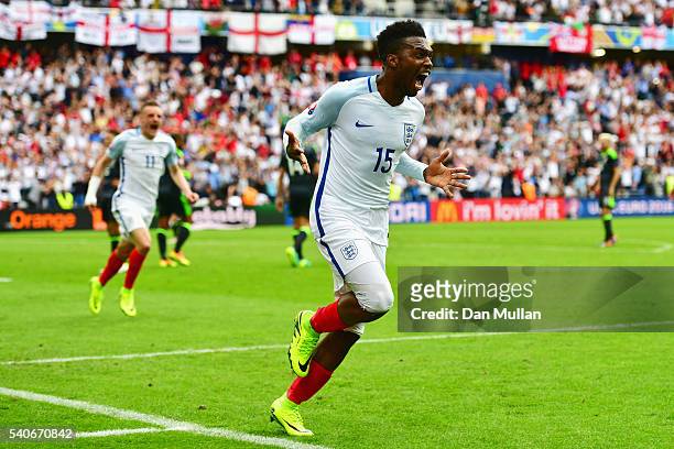 Daniel Sturridge of England celebrates England's second goal during the UEFA EURO 2016 Group B match between England and Wales at Stade...