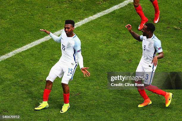 Daniel Sturridge and Danny Rose of England celebrate England's second goal during the UEFA EURO 2016 Group B match between England and Wales at Stade...