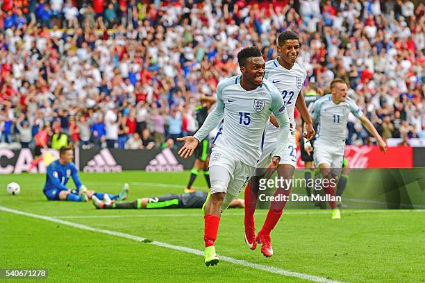 Daniel Sturridge of England scores his team's second goal during the UEFA EURO 2016 Group B match between England and Wales at Stade Bollaert-Delelis...