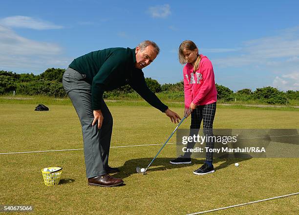 Young players take part in the junior golf clinic during The Amateur Championship 2016 - Day Four at Royal Porthcawl Golf Club on June 16, 2016 in...