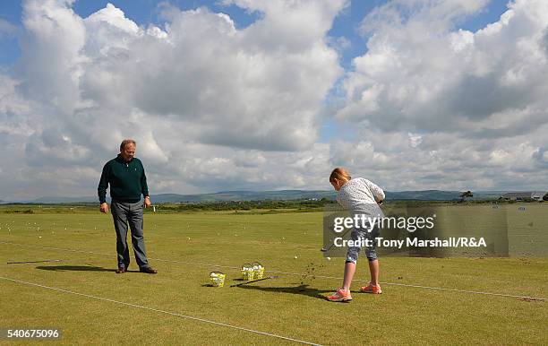 Young players take part in the junior golf clinic during The Amateur Championship 2016 - Day Four at Royal Porthcawl Golf Club on June 16, 2016 in...