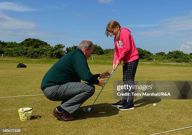 Young players take part in the junior golf clinic during The Amateur Championship 2016 - Day Four at Royal Porthcawl Golf Club on June 16, 2016 in...