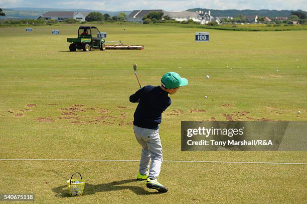 Young players take part in the junior golf clinic during The Amateur Championship 2016 - Day Four at Royal Porthcawl Golf Club on June 16, 2016 in...