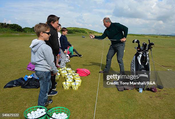 Young players take part in the junior golf clinic during The Amateur Championship 2016 - Day Four at Royal Porthcawl Golf Club on June 16, 2016 in...