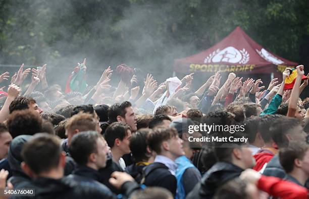 Welsh fans gather to watch the UEFA EURO 2016 Group B match between England and Wales on June 16, 2016 in Cardiff, Wales. Having beaten Slovakia in...