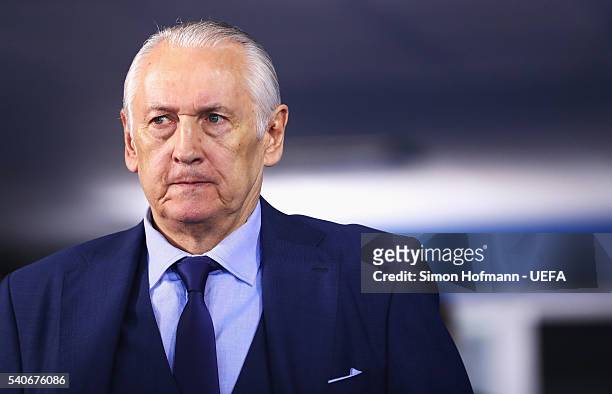 Mykhailo Fomenko head coach of Ukraine is seen on arrival at the stadium prior to the UEFA EURO 2016 Group C match between Ukraine and Northern...