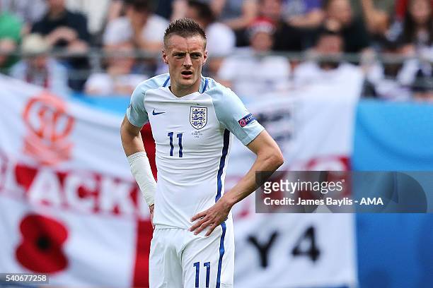 Jamie Vardy of England in action during the UEFA EURO 2016 Group B match between England v Wales at Stade Bollaert-Delelis on June 16, 2016 in Lens,...