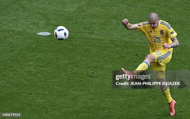 Ukraine's defender Yaroslav Rakitskiy kicks the ball during the Euro 2016 group C football match between Ukraine and Northern Ireland at the Parc...