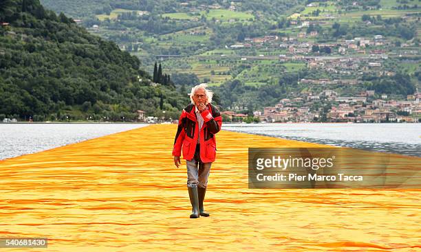 Artist Christo Vladimirov Javacheff attends the presentation of his installation the 'The Floating Piers' on June 16, 2016 in Sulzano, Italy.