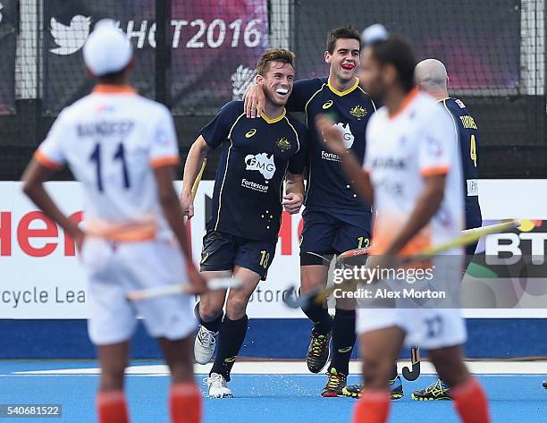 Tristan White of Australia celebrates scoring their fourth goal during the FIH Mens Hero Hockey Champions Trophy match between Australia and India at...