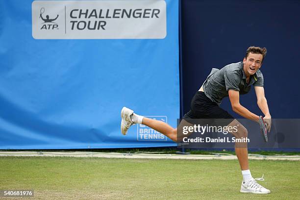 Daniil Medvedev of Russia plays a backhand during his mens singles match against Ryan Harrison of USA during the Aegon Ilkley Trophy at Ilkley Lawn...