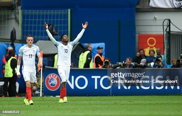 England's Daniel Sturridge celebrates scoring his sides second goal during the UEFA Euro 2016 Group B match between England and Wales at Stade...