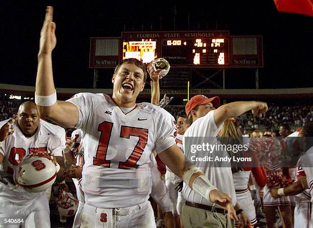 Philip Rivers of N.C.St. Celebrates after his team won 34-28 during the Florida State -North Carolina State game at Doak Campell Stadium in...