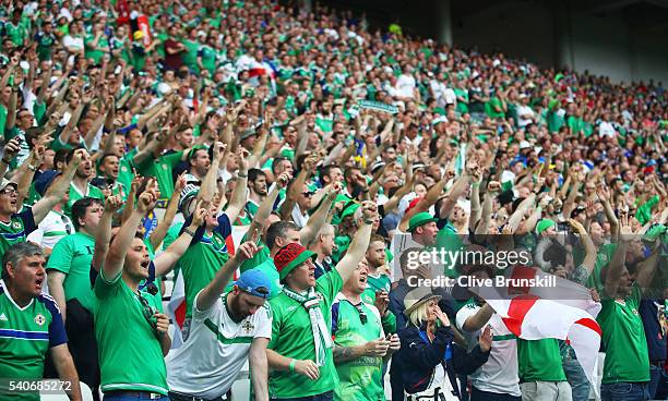 Northern Ireland supporters cheer during the UEFA EURO 2016 Group C match between Ukraine and Northern Ireland at Stade des Lumieres on June 16, 2016...