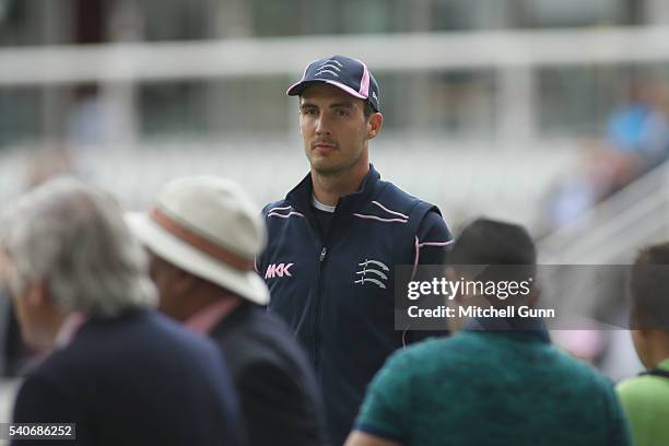 Steven Finn of Middlesex makes his way through the fans before the NatWest T20 Blast match between Middlesex and Sussex at Lords Cricket Ground on...