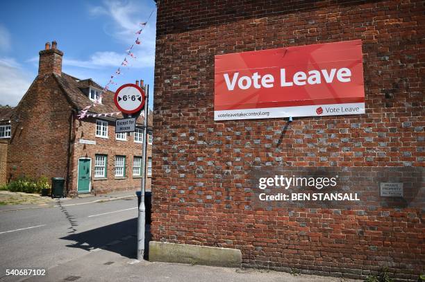 Vote Leave' sign is seen on the side of a building in Charing on June 16, 2016 urging people to vote for Brexit in the upcoming EU referendum. -...