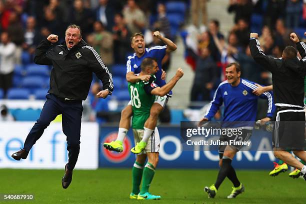 Michael O'Neill manager of Northern Ireland celebrates his team's second goal during the UEFA EURO 2016 Group C match between Ukraine and Northern...