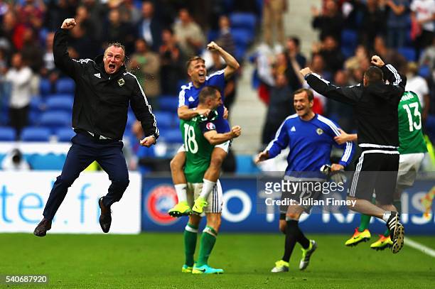 Michael O'Neill manager of Northern Ireland celebrates his team's second goal during the UEFA EURO 2016 Group C match between Ukraine and Northern...
