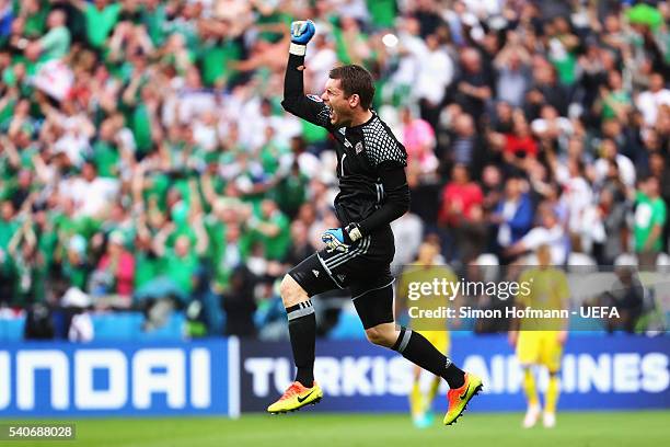 Michael McGovern of Northern Ireland celebrates his team's second goal during the UEFA EURO 2016 Group C match between Ukraine and Northern Ireland...