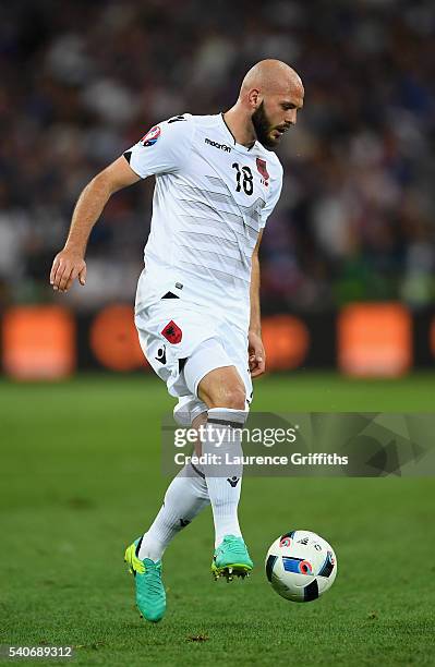 Arlind Ajeti of Albania in action during the UEFA Euro 2016 Group A match between France and Albania at Stade Velodrome on June 15, 2016 in...