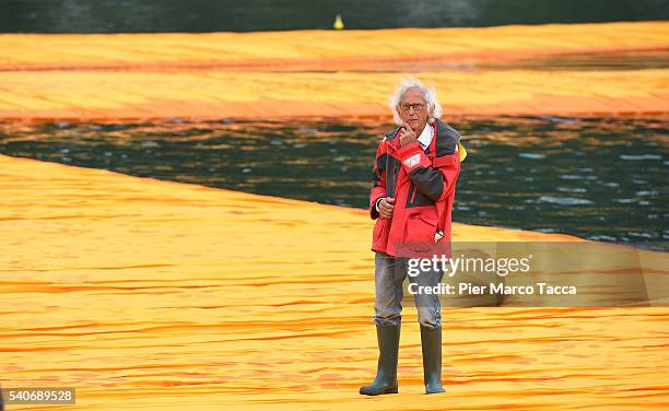 Artist Christo Vladimirov Javacheff attends the presentation of his installation the 'The Floating Piers' on June 16, 2016 in Sulzano, Italy.