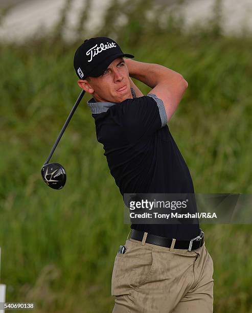 Grant Forrest of Craigielaw plays his first shot on the 18th tee during The Amateur Championship 2016 - Day Four at Royal Porthcawl Golf Club on June...