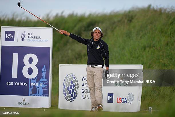 Alejandro Del Rey of Spain plays his first shot on the 18th tee during The Amateur Championship 2016 - Day Four at Royal Porthcawl Golf Club on June...