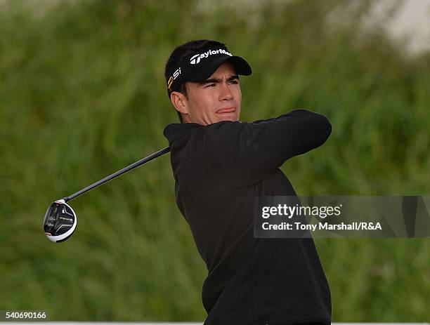 Ivan Cantero of Spain plays his first shot on the 18th tee during The Amateur Championship 2016 - Day Four at Royal Porthcawl Golf Club on June 16,...