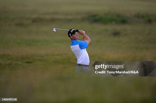 Dylan Perry of Australia plays his second shot on the 16th fairway during The Amateur Championship 2016 - Day Four at Royal Porthcawl Golf Club on...