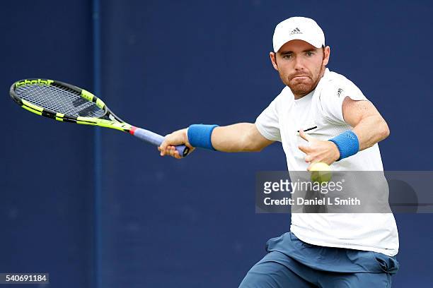 Bjorn Fratangelo of USA plays a forehand duing the mens singles match against Michal Przysiezny of Poland during the Aegon Ilkley Trophy at Ilkley...