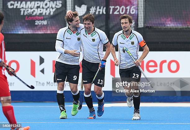 Oskar Deecke of Germany celebrates scoring their third goal during the FIH Mens Hero Hockey Champions Trophy match between Korea and Germany at Queen...