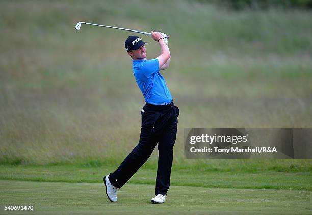 Connor Syme of Drumoig plays his second shot on the 15th fairway during The Amateur Championship 2016 - Day Four at Royal Porthcawl Golf Club on June...