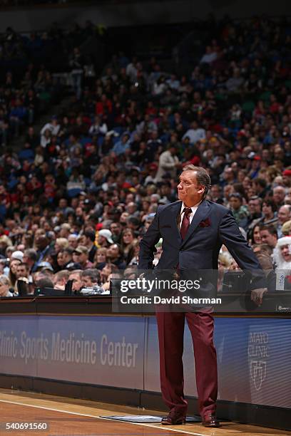 Flip Saunders of the Minnesota Timberwolves stands by the scorers table and coaches during the game against the Chicago Bulls on November 1, 2014 at...
