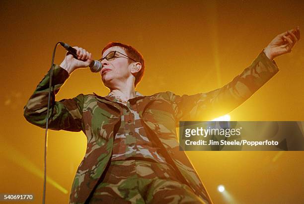 Annie Lennox of the Eurythmics performing on stage during the NetAid Concert held at Wembley Stadium in London on the 9th October, 1999.