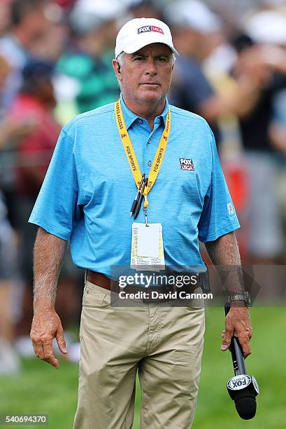 Former golfer Curtis Strange working for Fox during the first round of the U.S. Open at Oakmont Country Club on June 16, 2016 in Oakmont,...