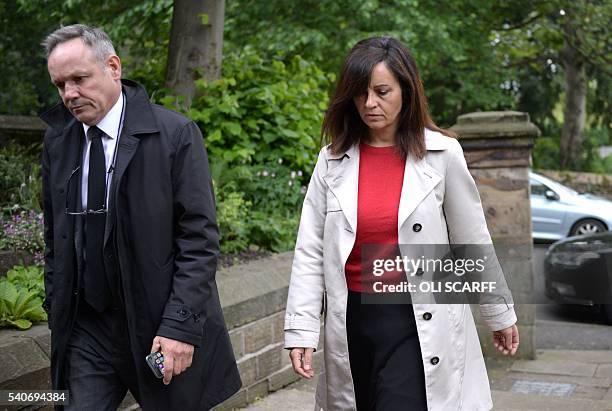 Labour MP Caroline Flint arrives at St Peters church in Birstall to attend a vigil to slain Labour MP Jo Cox on June 16, 2016. Cox died today after a...