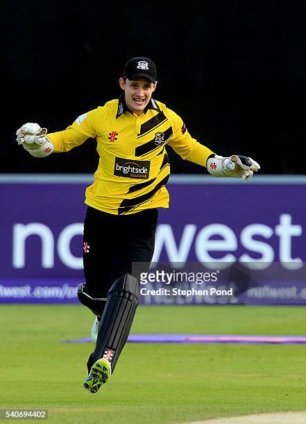 Gareth Roderick of Gloucestershire celebrates catching out Jesse Ryder of Essex with the first ball during the NatWest T20 Blast match between Essex...