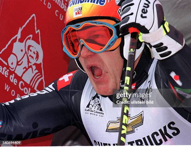 Der schweizerische Skifahrer Didier Cuche beim Ski-Weltcup 2000 in Park City / USA. Sein Mund ist weit geöffnet. .