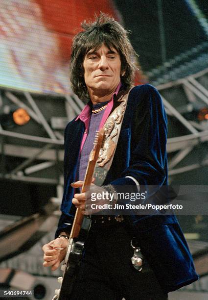 Ronnie Wood of The Rolling Stones performing on stage at Wembley Stadium in London on the 11th June, 1999.
