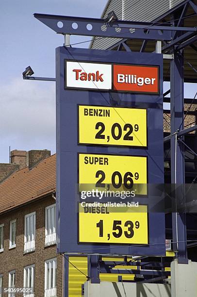 Preisschild an einer deutschen Tankstelle. Benzinpreise, Tankstellen, Spritpreise, Benzin .