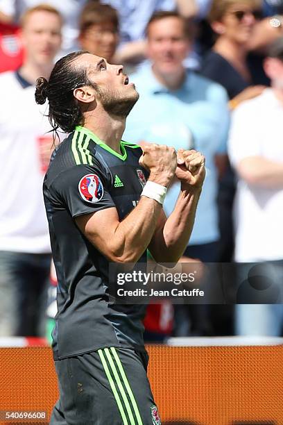Gareth Bale of Wales celebrates his goal during the UEFA EURO 2016 Group B match between England v Wales at Stade Bollaert-Delelis on June 16, 2016...