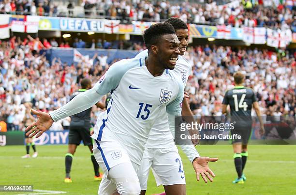 Daniel Sturridge of England celebrates his goal during the UEFA EURO 2016 Group B match between England v Wales at Stade Bollaert-Delelis on June 16,...