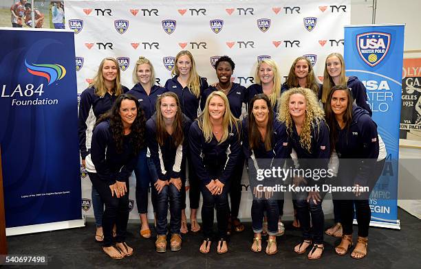 The 2016 U.S. Olympic Women's Water Polo Team members, back row from left to right, Aria Fischer, Kami Craig, KK Clark, Ashleigh Johnson, Melissa...