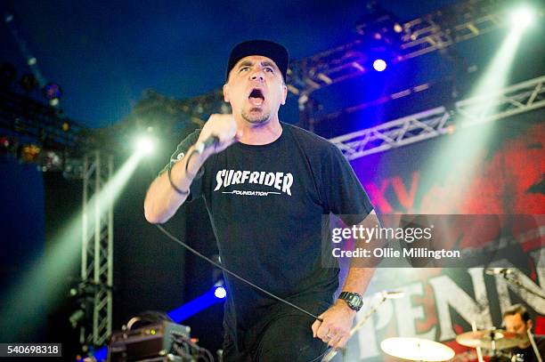 Jim Lindberg and Byron McMackin of Pennywise perform onstage on Day 2 of Download Festival 2016 at Donnington Park on June 11, 2016 in Donnington,...