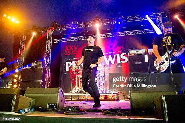 Jason Thirsk , Jim Lindberg, Byron McMackin and Fletcher Dragge of Pennywise perform onstage on Day 2 of Download Festival 2016 at Donnington Park on...