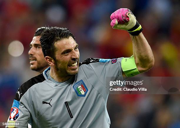 Gianluigi Buffon of Italy celebrates his team's 2-0 win after the UEFA EURO 2016 Group E match between Belgium and Italy at Stade des Lumieres on...