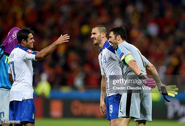 Gianluigi Buffon of Italy celebrates his team's 2-0 win after the UEFA EURO 2016 Group E match between Belgium and Italy at Stade des Lumieres on...